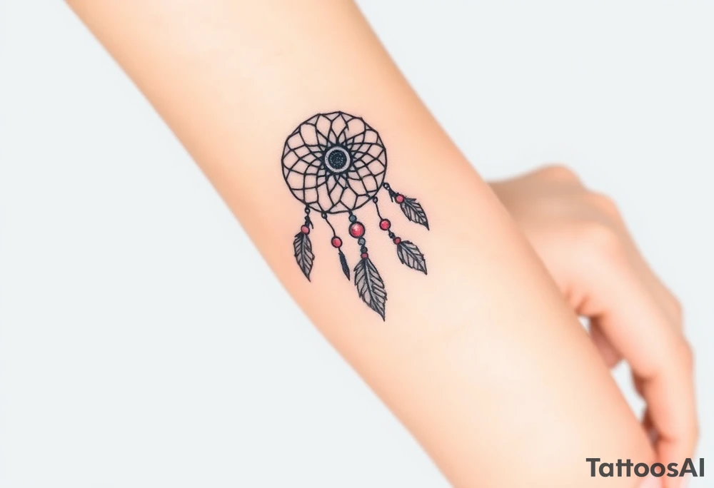 native dreamcatcher with flowing feathers and sacred beads tattoo idea