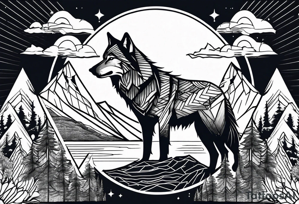 Mountains, wolf in it tattoo idea