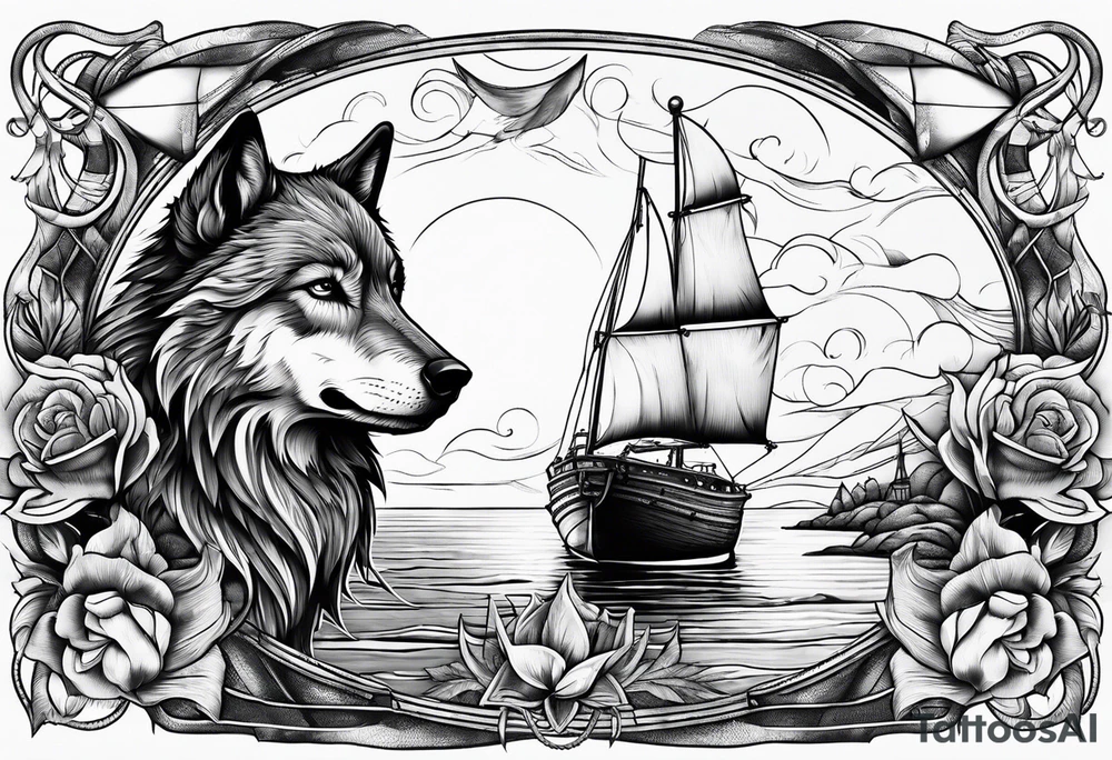 Wolf with sail boat on water and anchor tattoo idea