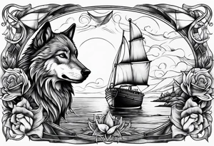Wolf with sail boat on water and anchor tattoo idea