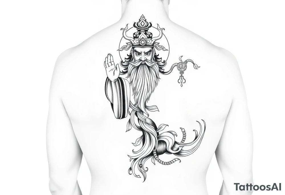 I want to design a design from the back to the back thighs of an adult. The theme is the Chinese Emperor Shennong. The style is black and white neo-traditional. The Emperor Shennong is a Chinese god who mainly blesses farmers with a good harvest and a smooth planting. tattoo idea