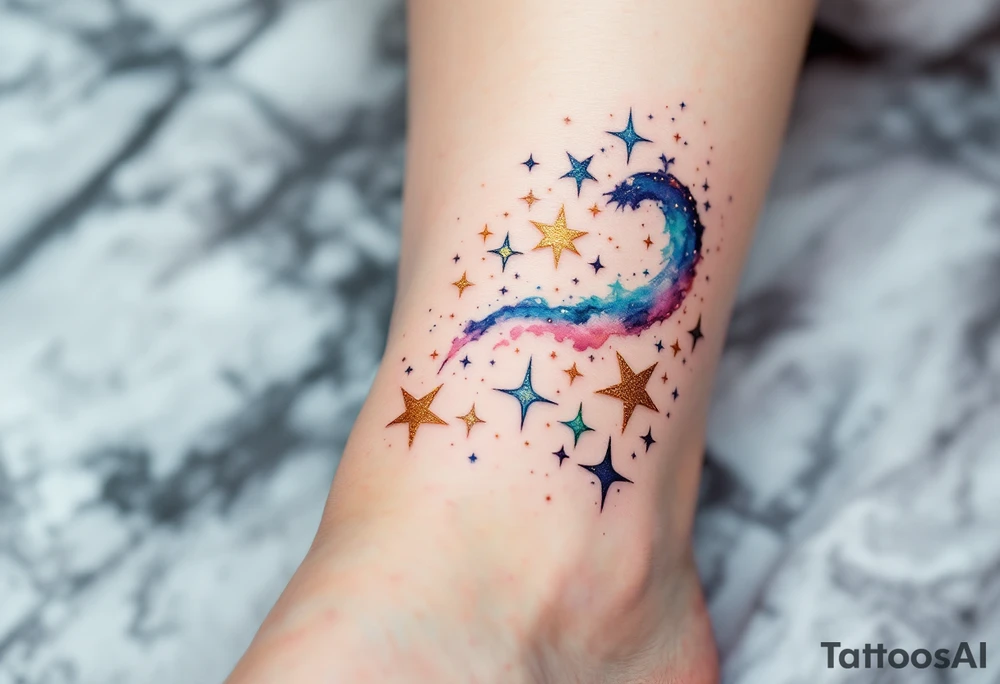 Capricorn stars inked in metallic gold, forming a delicate arc across a watercolor galaxy. tattoo idea