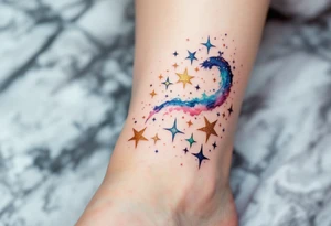 Capricorn stars inked in metallic gold, forming a delicate arc across a watercolor galaxy. tattoo idea