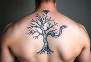 "I want a tree tattoo on my back, with a snake wrapping around the tree and continuing up over my right shoulder, ending with its head on my left shoulder." tattoo idea
