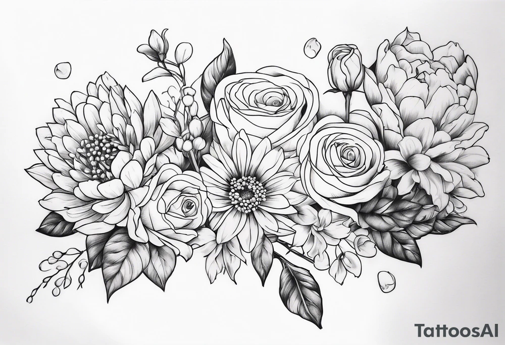 Asters, roses, lily of the valley, and chrysanthemums in a long line tattoo idea