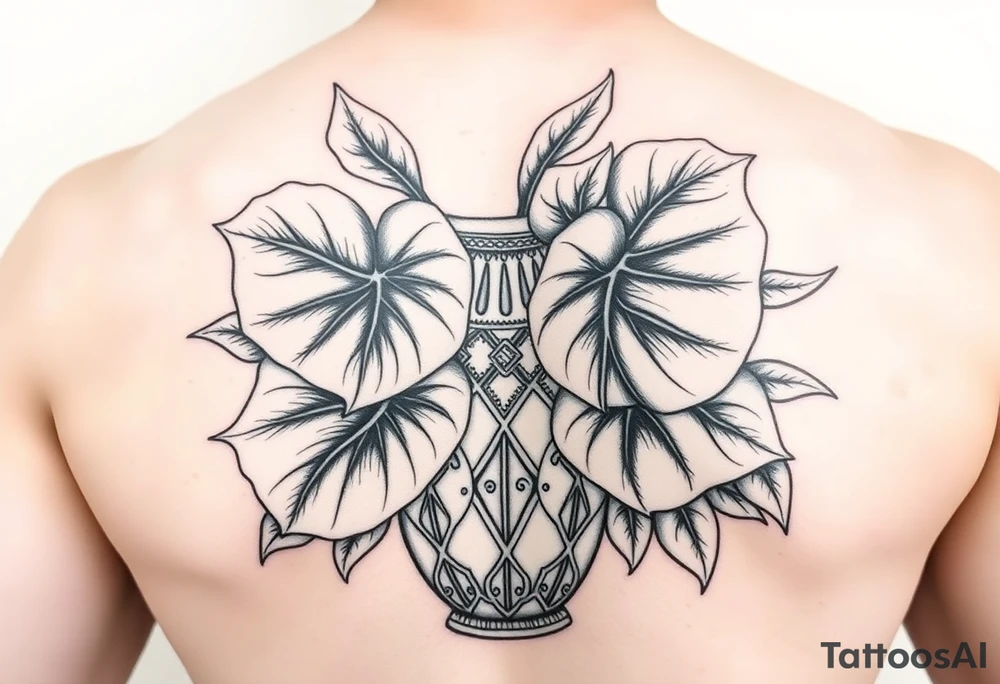 Large Decorative ornamental
 vase with large monstera leaves tattoo idea