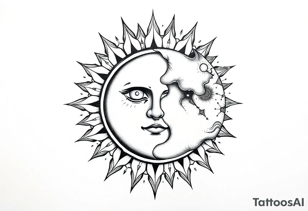 celestial sun and moon embrace with constellation patterns tattoo idea