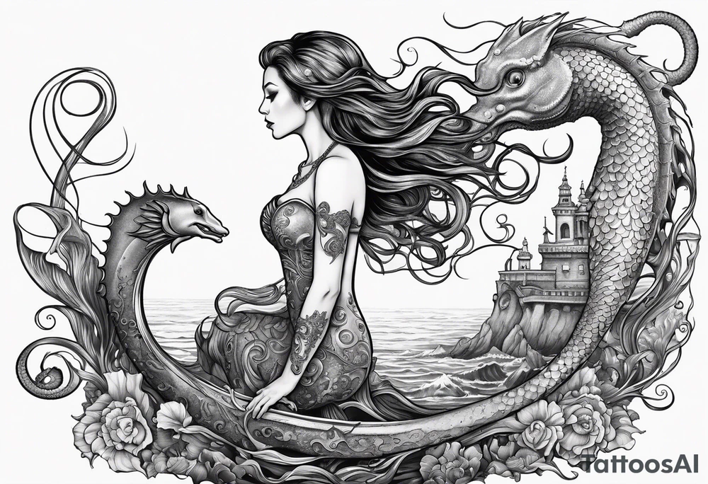 mermaid holding trident side profile, looking at seahorse and shipwreck octopus tentacles tattoo idea