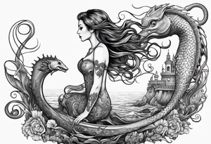 mermaid holding trident side profile, looking at seahorse and shipwreck octopus tentacles tattoo idea