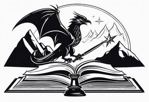 an open fantasy book. a flying dragon with scales and four legs. A pawn chess piece. a sword. A perched raven. Three stars with three mountain peaks tattoo idea