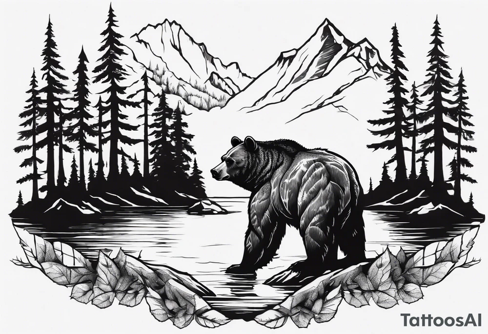 bear head right above the forest line with a lake below, full sleeve tattoo tattoo idea