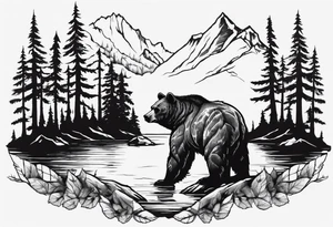 bear head right above the forest line with a lake below, full sleeve tattoo tattoo idea