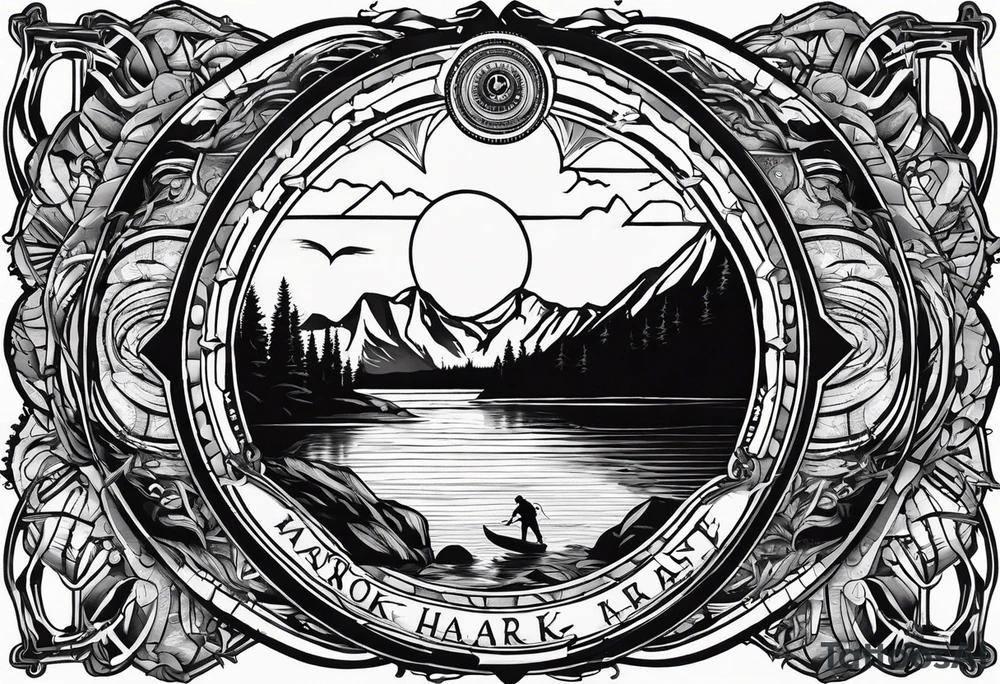 The word "HARK" as a banner with a mountain, a rock climbing carabiner, compass, and a lake and pontoon in a circular design tattoo idea