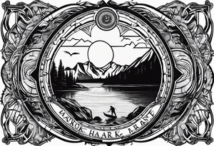 The word "HARK" as a banner with a mountain, a rock climbing carabiner, compass, and a lake and pontoon in a circular design tattoo idea