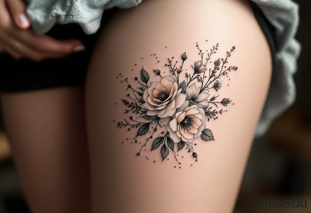 vintage bouquet of wild roses and meadow flowers with morning dew tattoo idea