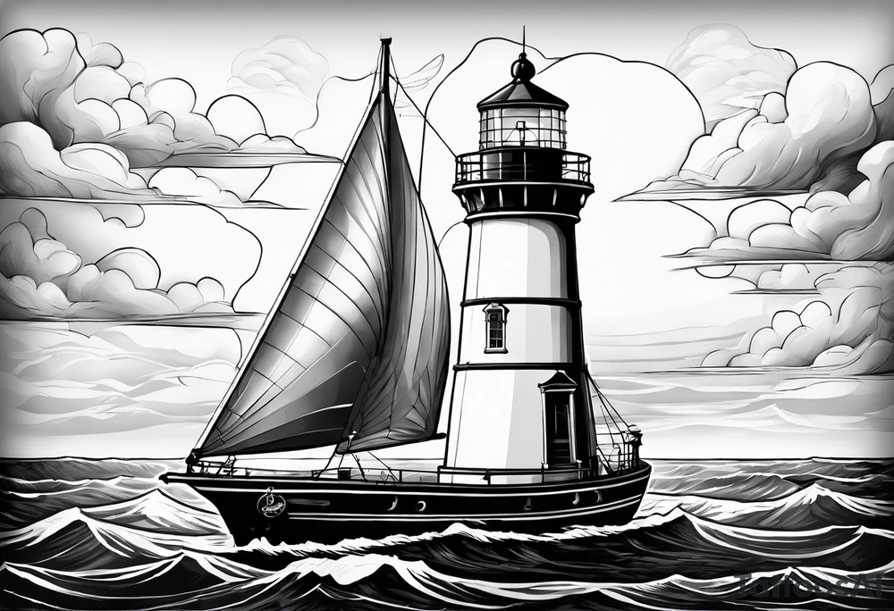 maritime lighthouse in a sailboat serving as a mast for a sail. tattoo idea