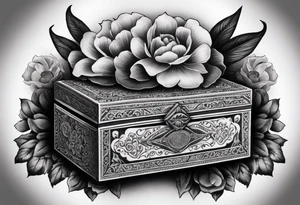 An intricate dotwork black and white tattoo of a vintage cigar box with one cigar propped up next to it.. surrounding the box is flowers tattoo idea