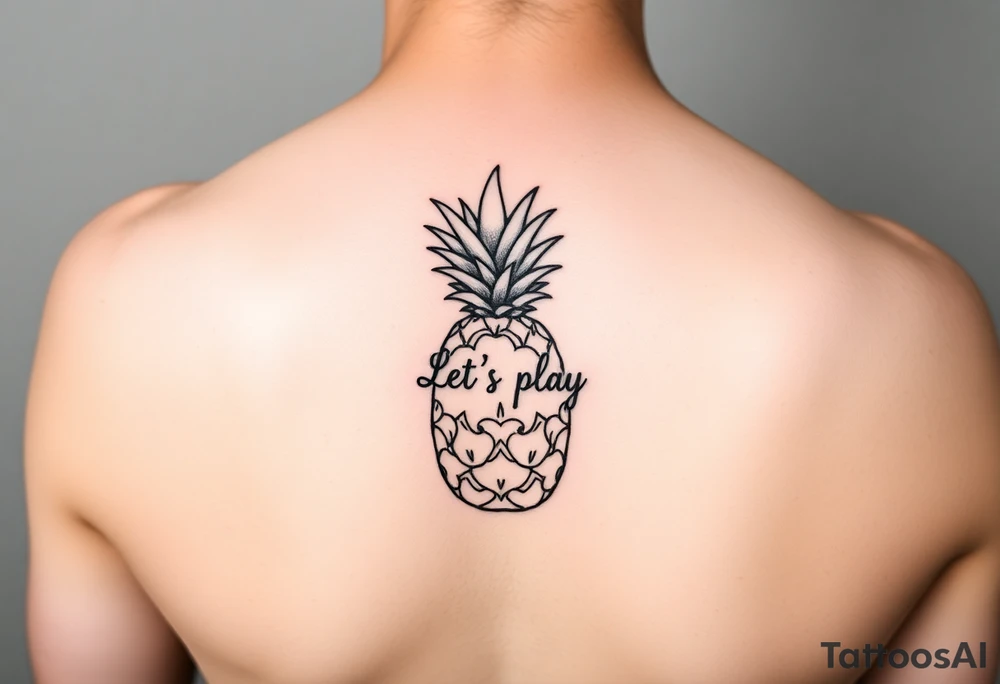 A black ink wrist tattoo featuring a realistic yet minimalistic pineapple. The pineapple is finely detailed with clean, precise lines, capturing the natural texture of the fruit while keeping the design subtle and uncluttered. Inside the body of the pineapple, the phrase "Let's play" is clearly placed in a bold but not overly thick font, ensuring readability while maintaining balance with the overall design. The leaves of the pineapple have a fine-line style with slight variations in thickness for a natural feel. The tattoo blends fine details with subtle bold elements, creating a clean and modern aesthetic. tattoo idea