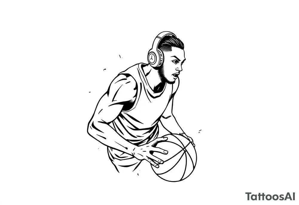 A guy dribbling a basketball with headphones on tattoo idea