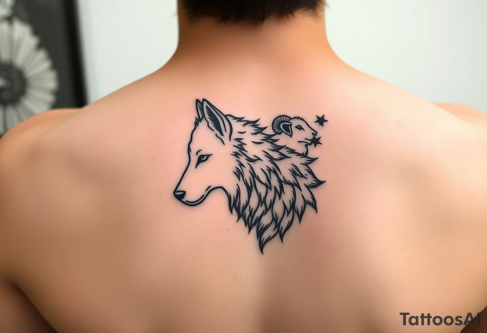 Wolf and sheep as one hybrid 
animal tattoo idea