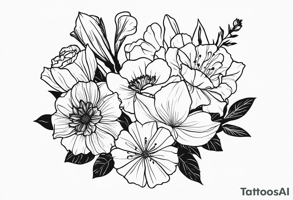 small minimalist black and white tattoo of a flower bouquet that MUST include 6 DIFFERENT flowers with ONE OF EACH: a carnation, a daffodil, a lily stock, a rose, a cosmos, and a chrysanthemum. tied together with a small bow tattoo idea