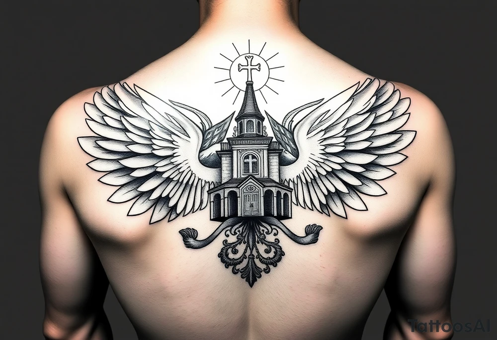 an actual russian coat of arms with both heads visible & wings spanning out on my back neck across on to my shoulders / traps with a orthodox christian church being visible in a mountainous sun beaming setting, with the russian orthodox cross spire of the orthodox church being visible on my neck with a sun beaming in the background that the cross sits inside tattoo idea