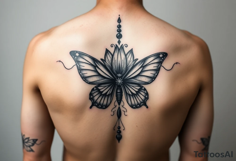 Elegant spine tattoo with lotus flower and butterfly with cracked wings mid back down tattoo idea