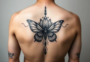 Elegant spine tattoo with lotus flower and butterfly with cracked wings mid back down tattoo idea