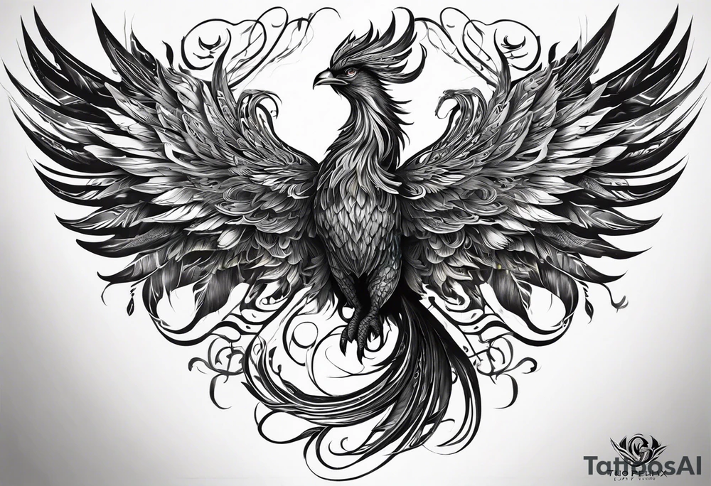 A majestic fire phoenix, rising powerfully with its wings spread wide and feathers flowing, representing rebirth and resilience. The phoenix is detailed with intricate feathers, creating a sense of movement and vitality. The design is bold, with deep shading and texture that adds dimension and intensity to its form. tattoo idea