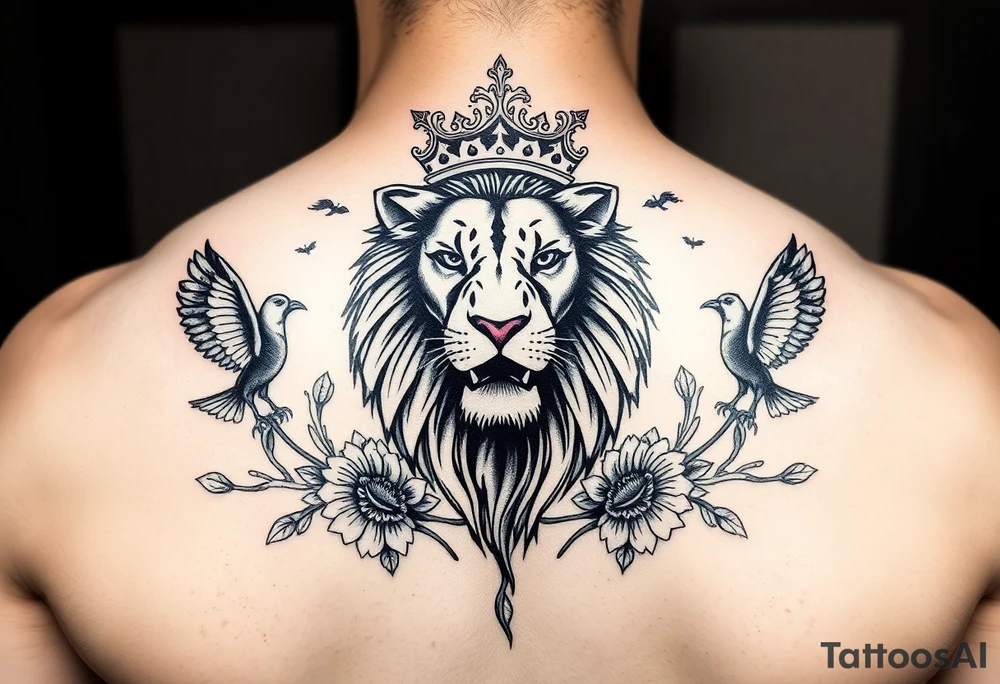 powerful majestic lion with a crown, surrounded by floral ornaments and birds tattoo idea