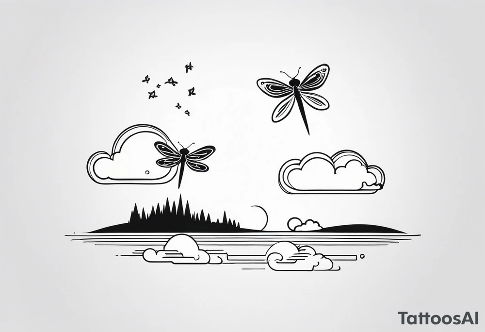 Small cloud and sun with small dragonfly tattoo idea