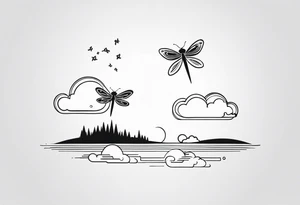 Small cloud and sun with small dragonfly tattoo idea