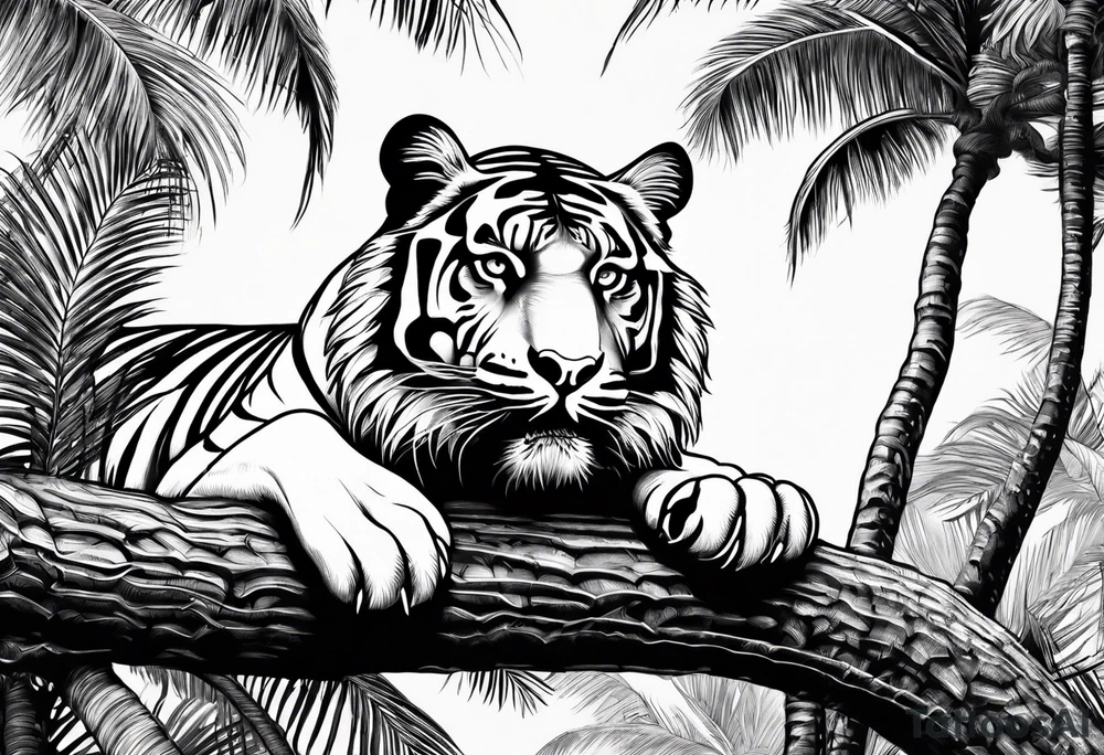tiger laying on palm tree tattoo idea
