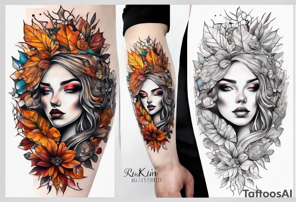 knee tattoo in fall color masculine tattoo idea
