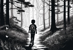 A silhouette of a kid walking through a dark, expansive forest with a lantern tattoo idea