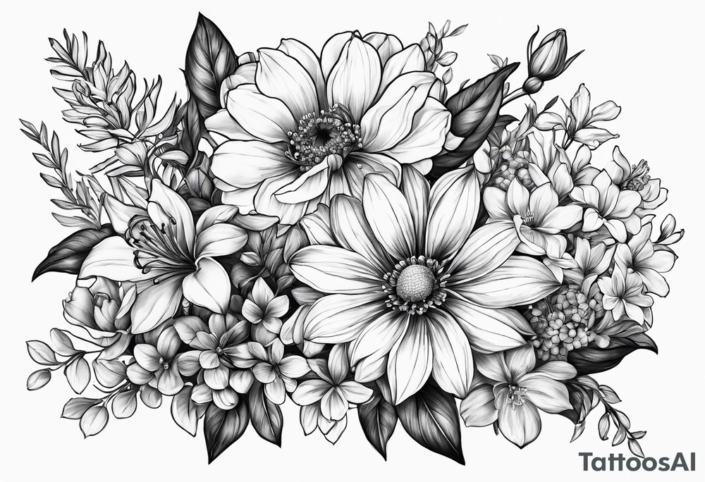 Birth flower bouquet with month’s January, May, November and December tattoo idea