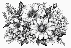 Birth flower bouquet with month’s January, May, November and December tattoo idea