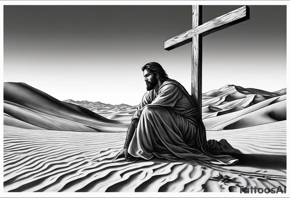 man crawling in a desert reaching to the cross of Christ tattoo idea