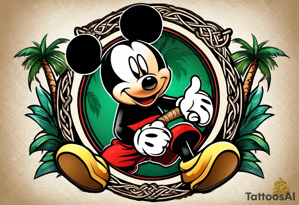 mickey mouse holding a kerambit knife in one hand and a rattan stick in the other hand with palm trees and the celtic symbol for family tattoo idea