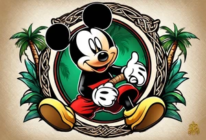 mickey mouse holding a kerambit knife in one hand and a rattan stick in the other hand with palm trees and the celtic symbol for family tattoo idea
