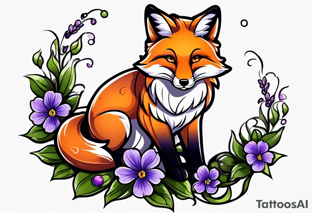 Neo traditional fox with violets tattoo idea