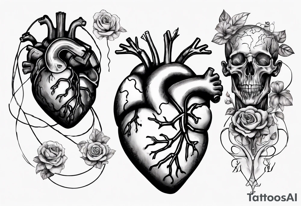 Anatomical heart and anatomical brain floating away tied down with string tattoo idea
