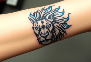 Powerful, fierce stoic lions head, whose mane turns into blue flames that swirl up my arm with blue embers tattoo idea