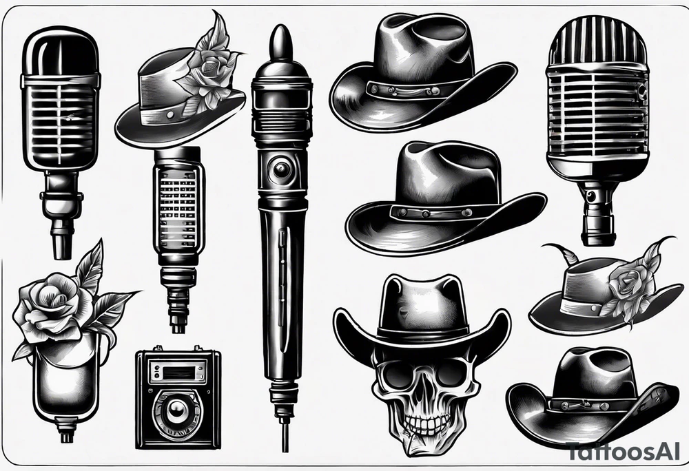 Old school broadcast microphone with cowboy hat on top tattoo idea