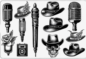 Old school broadcast microphone with cowboy hat on top tattoo idea