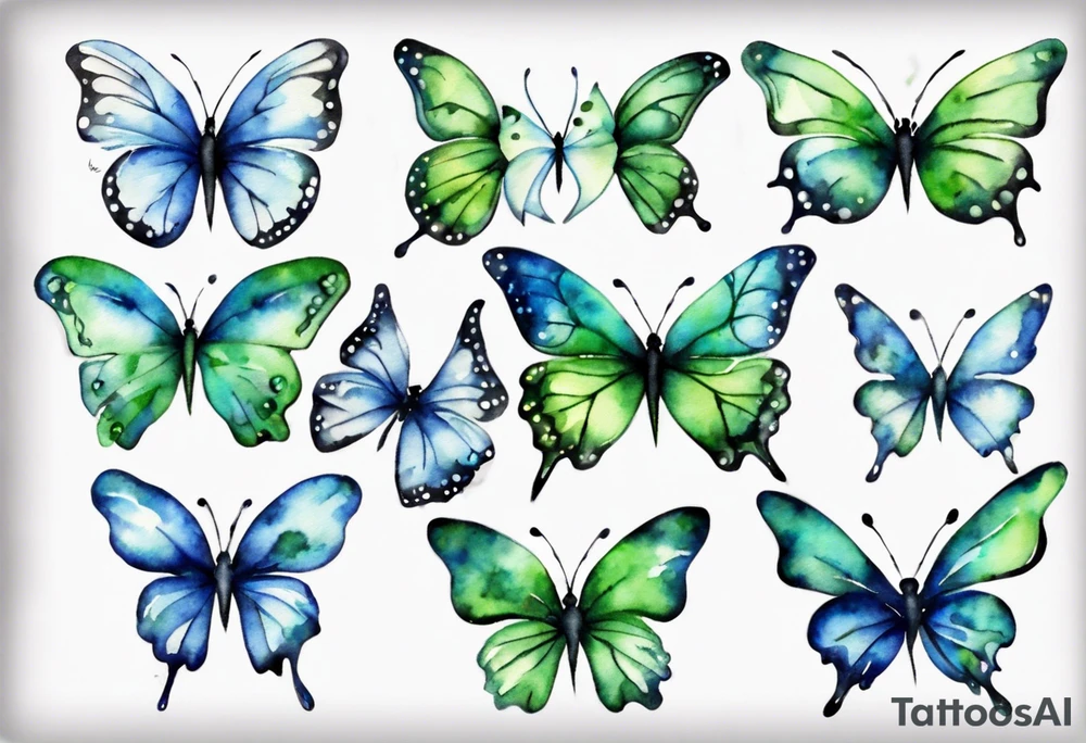 4 small blue and green butterflies tattoo idea