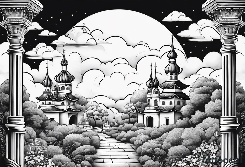 sky town garden with towers small houses gate entrance
in circle white clouds vignette tattoo idea