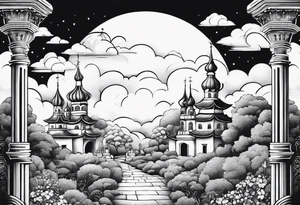 sky town garden with towers small houses gate entrance 
 in circle white clouds  vignette tattoo idea