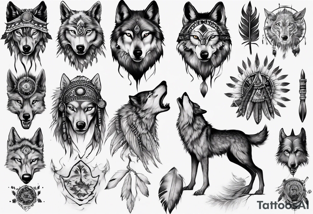 Indian Theme wolf realistic tattoo idea