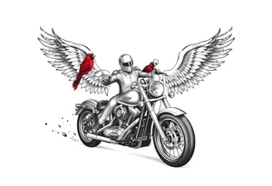 Harley grey motorcycle driving away, two red birds flying, roses, flames, angel wings tattoo idea